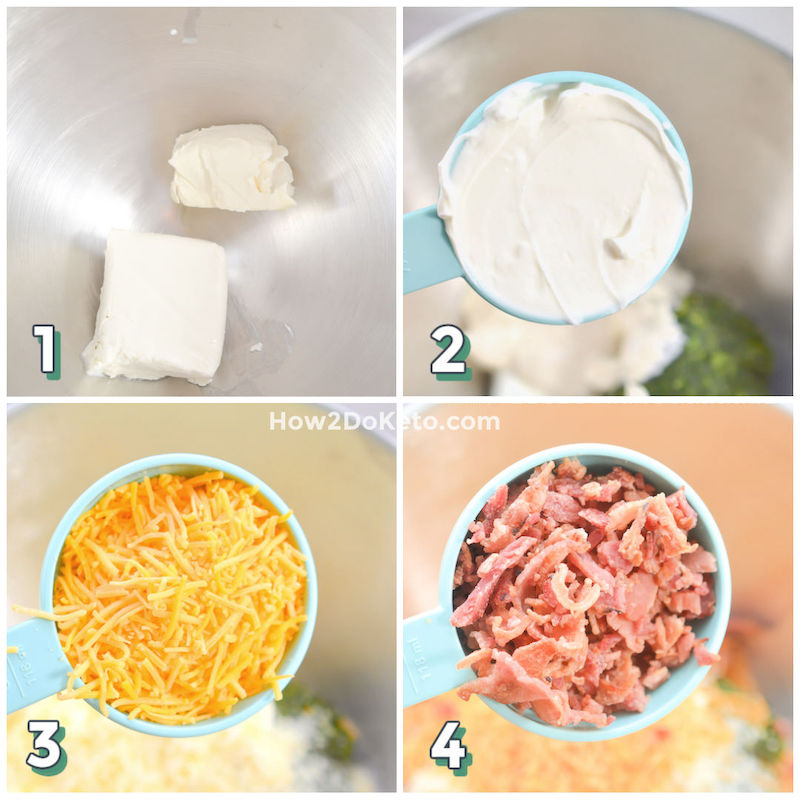 4 step photo collage showing how to add ingredients to bowl to make keto bacon spinach dip