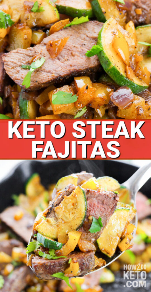 2 photo vertical collage showing skillet steak fajitas
