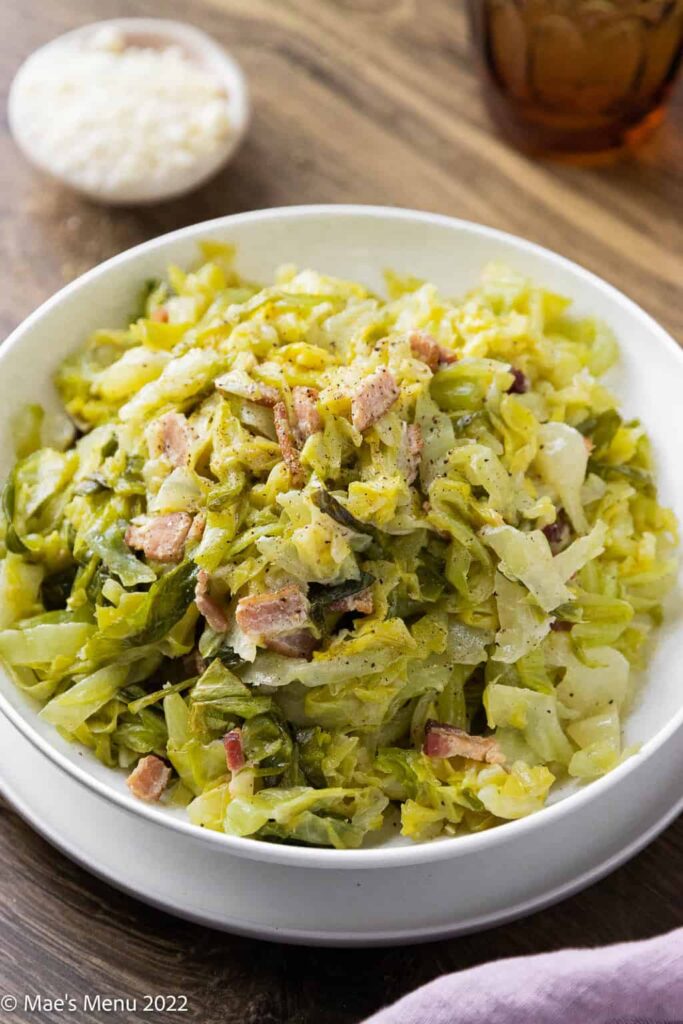 bowl of creamed cabbage with bacon