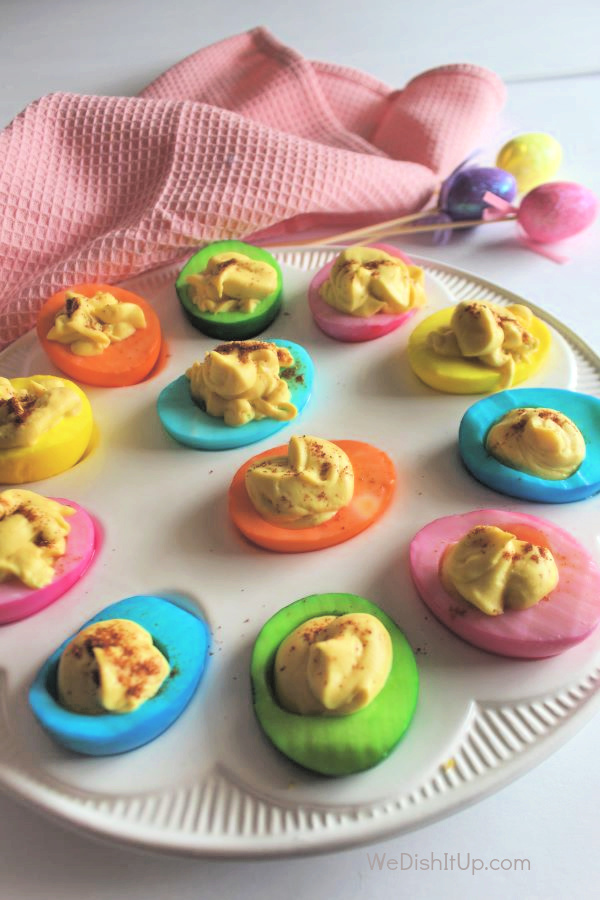 deviled eggs made with pastel colored hard boiled eggs