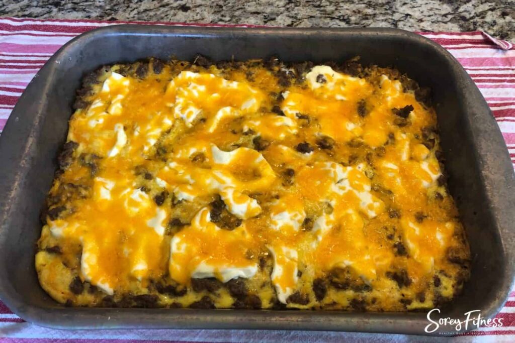 pan of low carb cheesy breakfast casserole