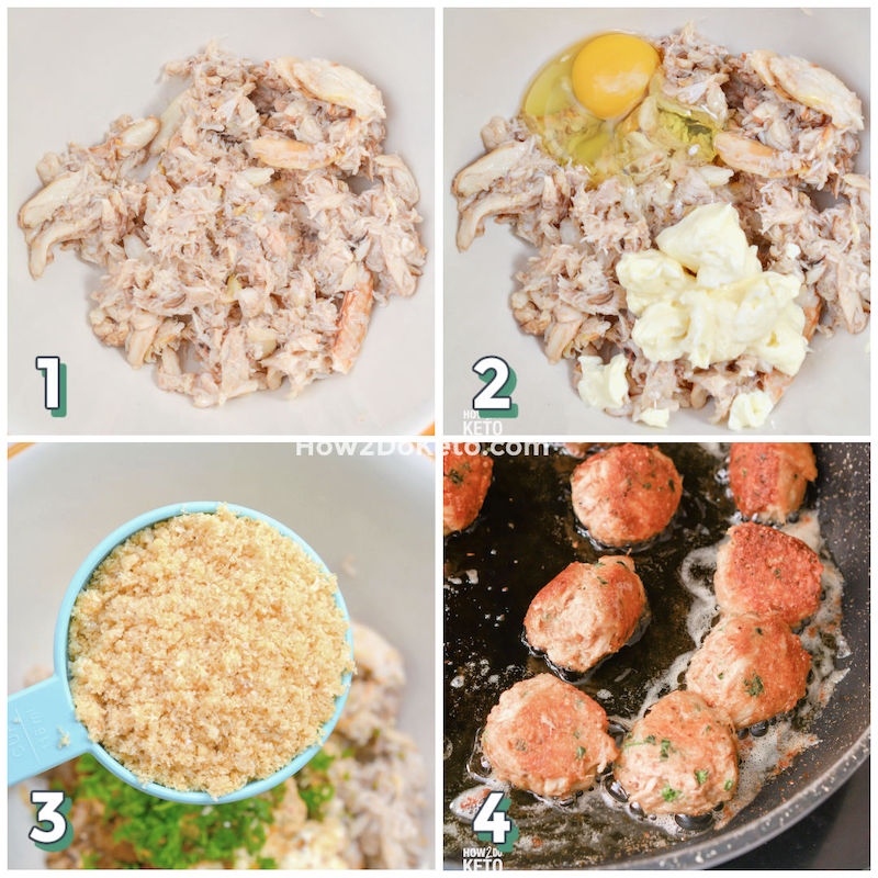 4-step photo collage illustrating how to make keto crab cakes