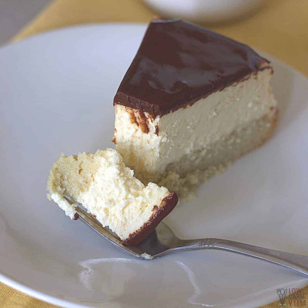 low carb boston cream pie cheesecake slice