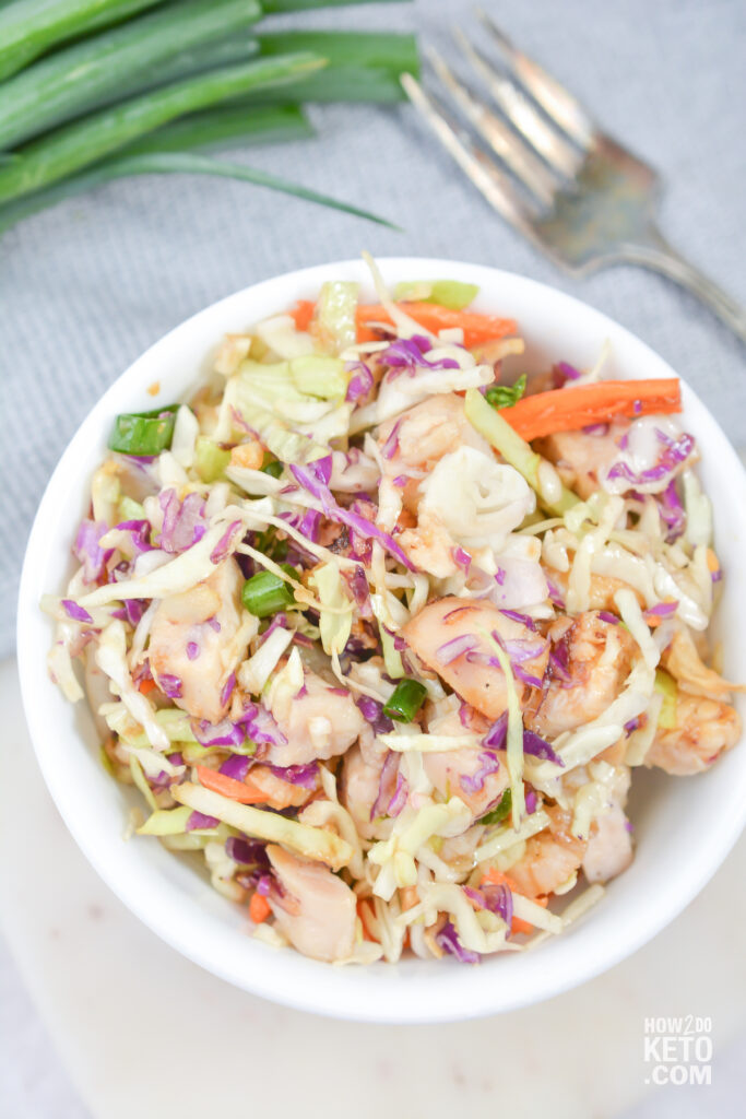 bowl of chopped salad with chicken and soy dressing