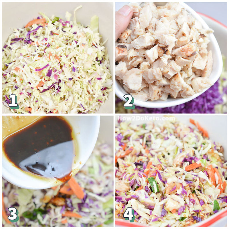 4-step photo collage showing how to make a Keto Asian Chicken Salad