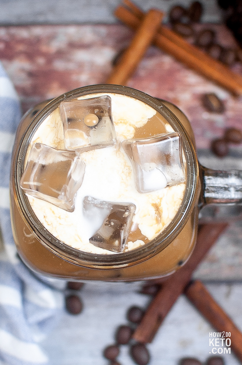 top-down photo of iced coffee in mason jar