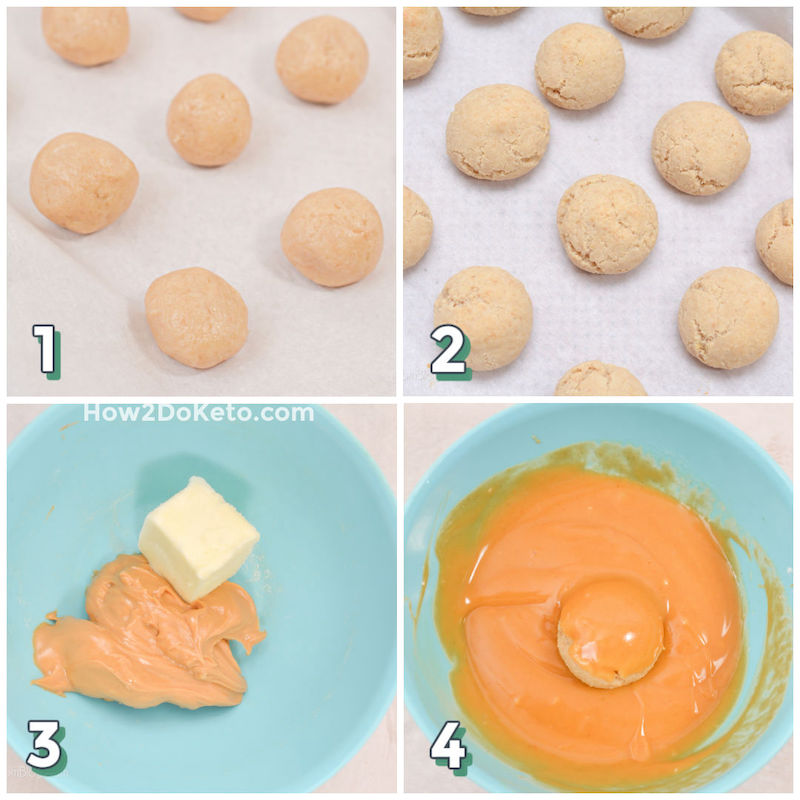 4 step photo collage showing how to make and glaze keto peanut butter donut holes