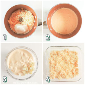 4 step photo collage showing how to make keto mac and cheese