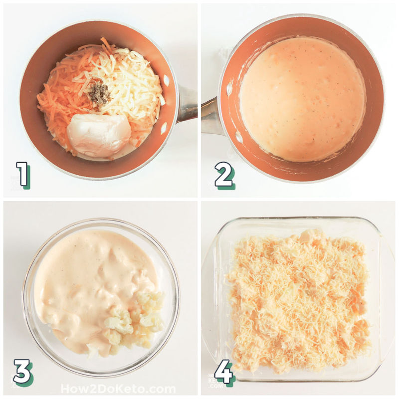 4-step photo collage showing how to make mac and cheese with cauliflower
