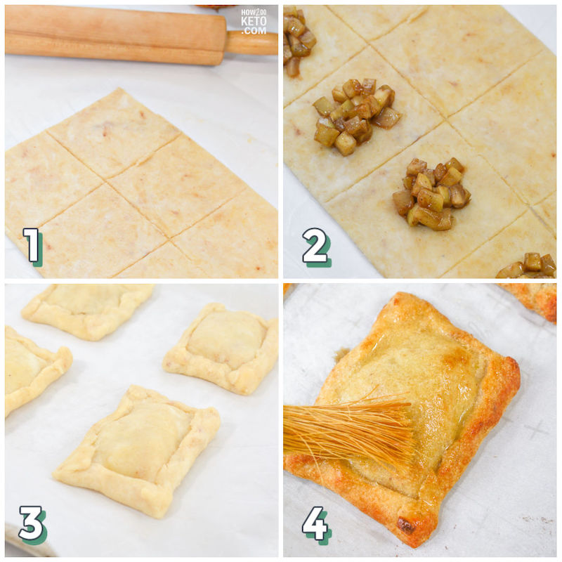 step by step photo collage showing how to make low carb apple hand pies