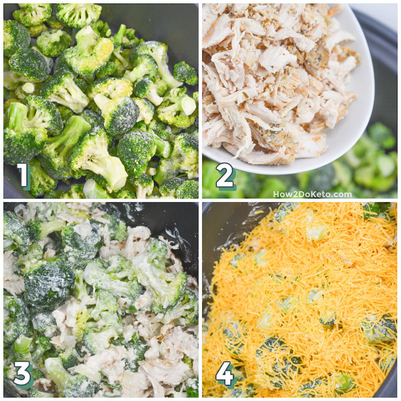 4 step photo collage showing how to make chicken, broccoli, and rice casserole in a slow cooker