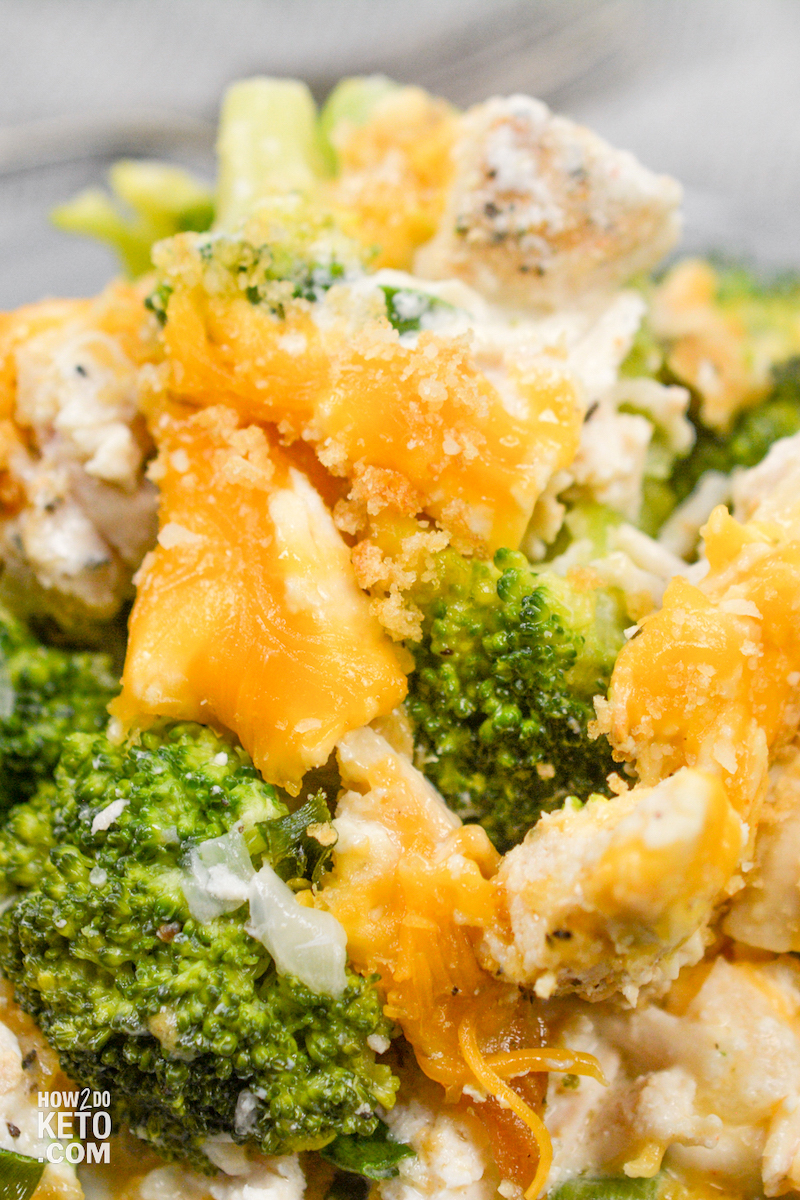 Completed Keto Broccoli Cheese Casserole, close up for detail