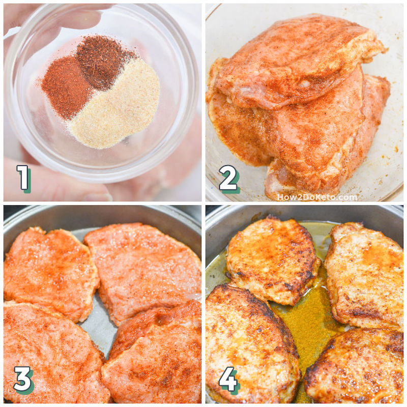 4 step photo collage showing how to make pork chops in an air fryer