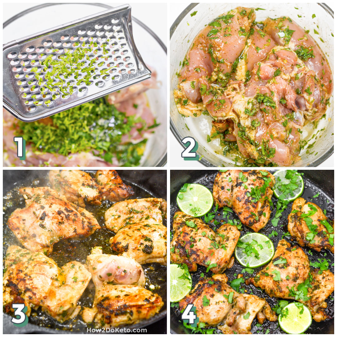 4 step photo collage showing how to make Keto Cilantro Lime Chicken Thighs