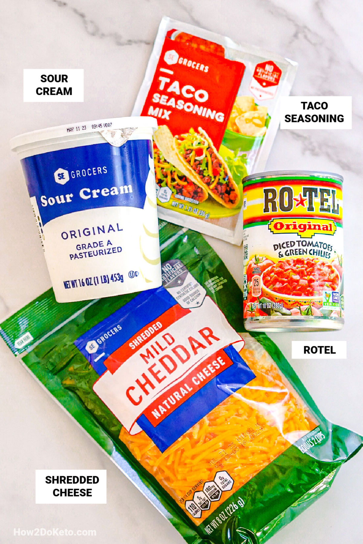 "Boat Dip" ingredients, with text labels: sour cream, taco seasoning, rotel, shredded cheese