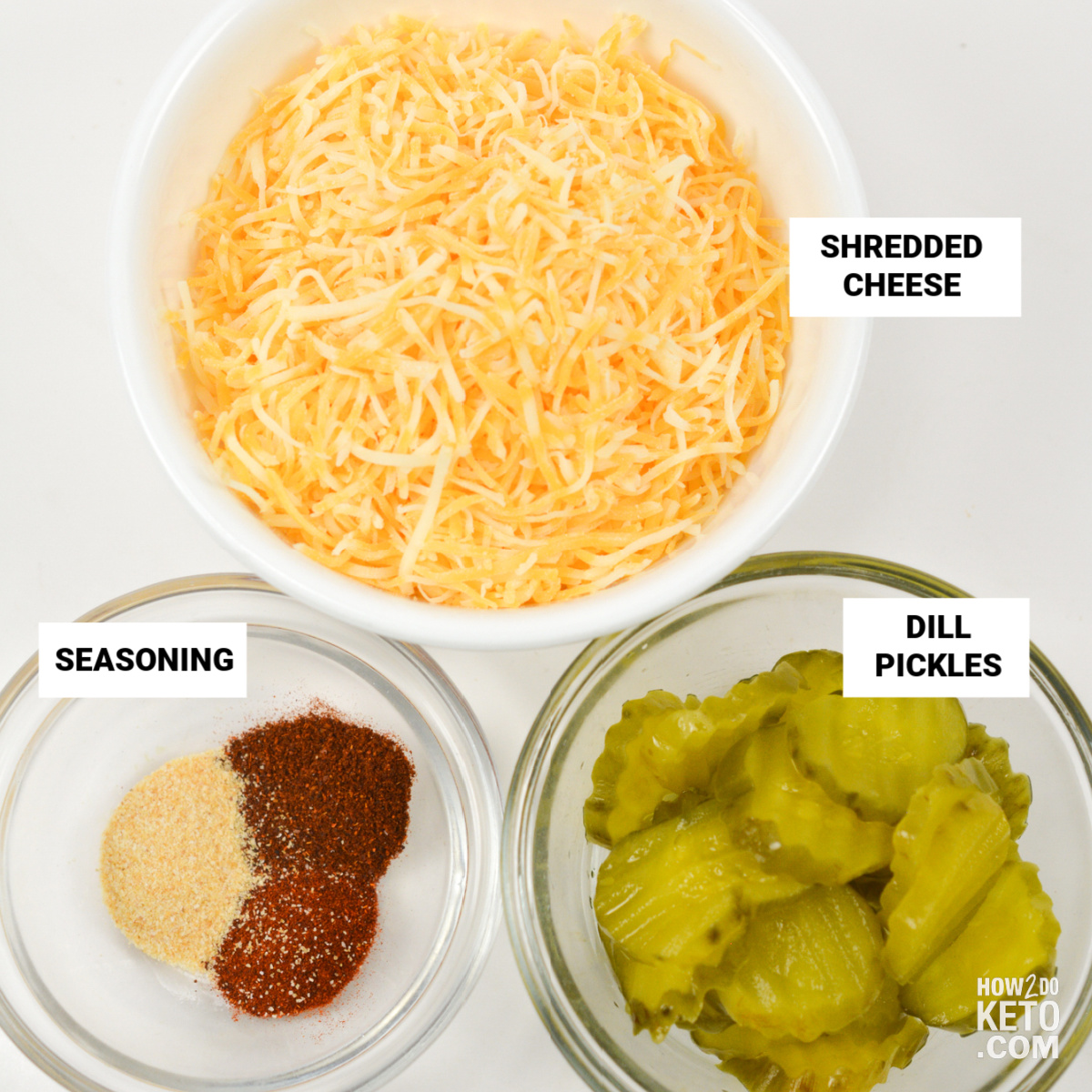 Keto Cheesy Pickle Chips Ingredients, with overlay: shredded cheese, seasoning, dill pickles