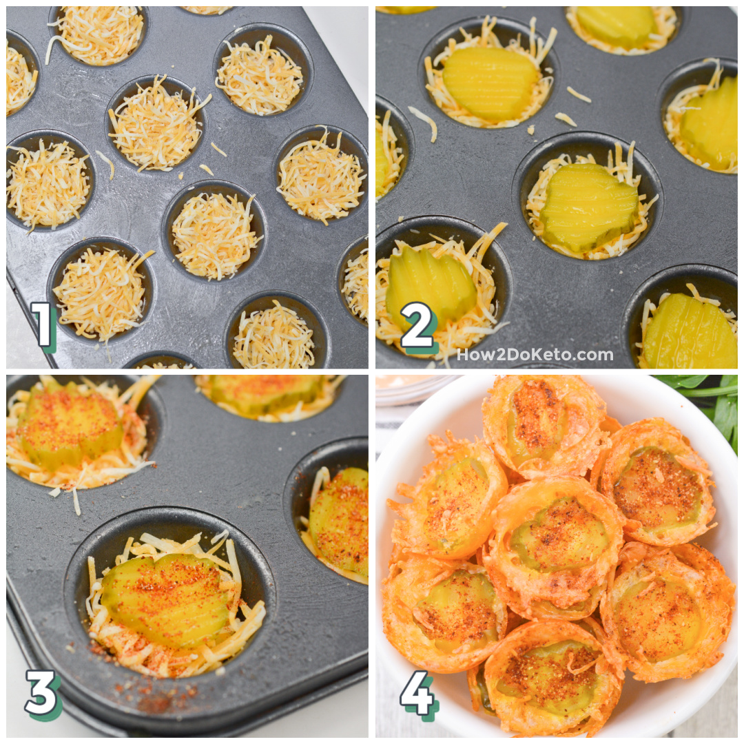 4 step photo collage showing how to make cheese and pickle chips in a muffin tin