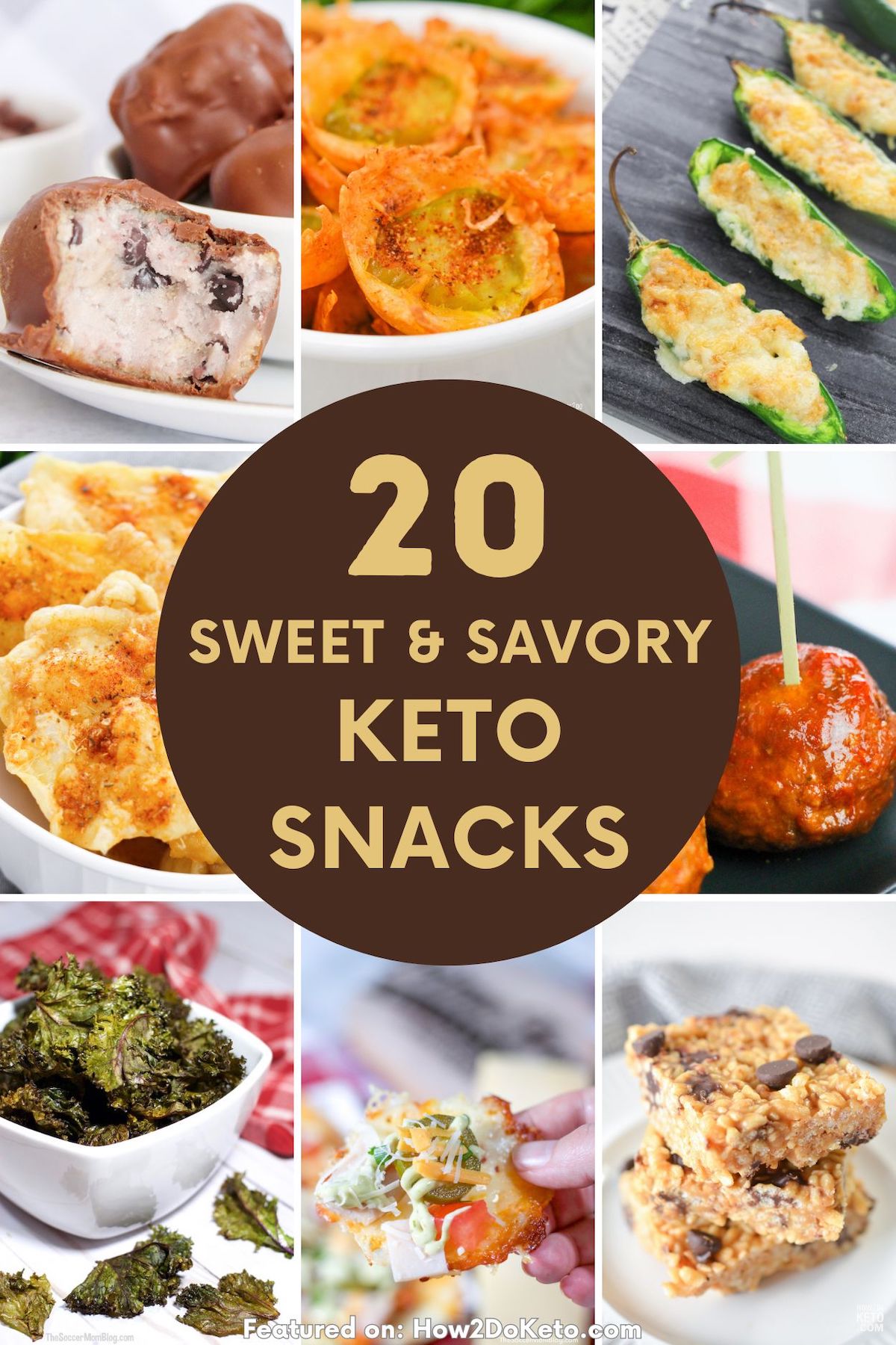 collage of low carb snack photos, text overlay "20 Sweet & Savory Keto Snacks".