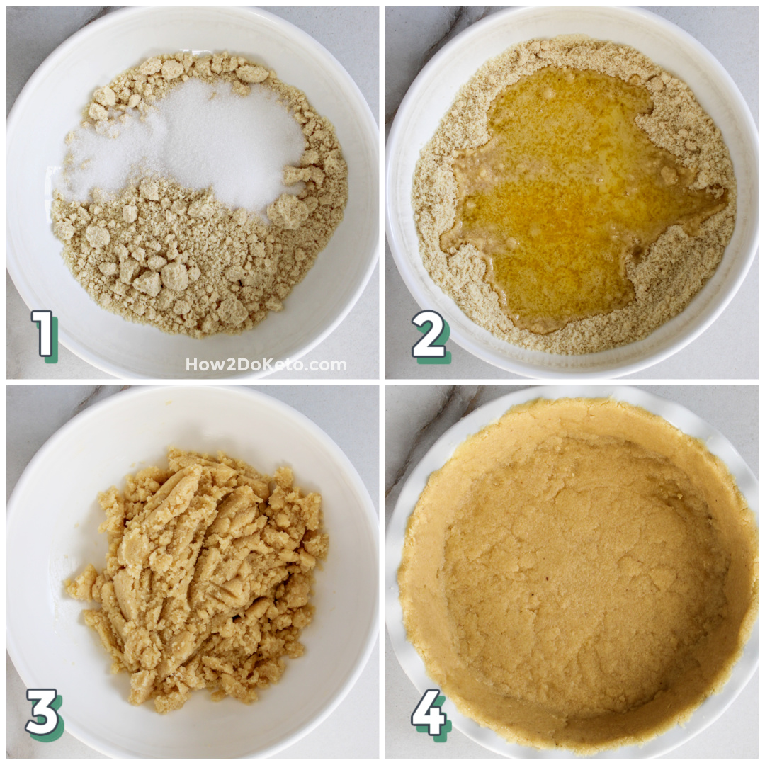 4 step photo collage showing how to make an almond flour pie crust.