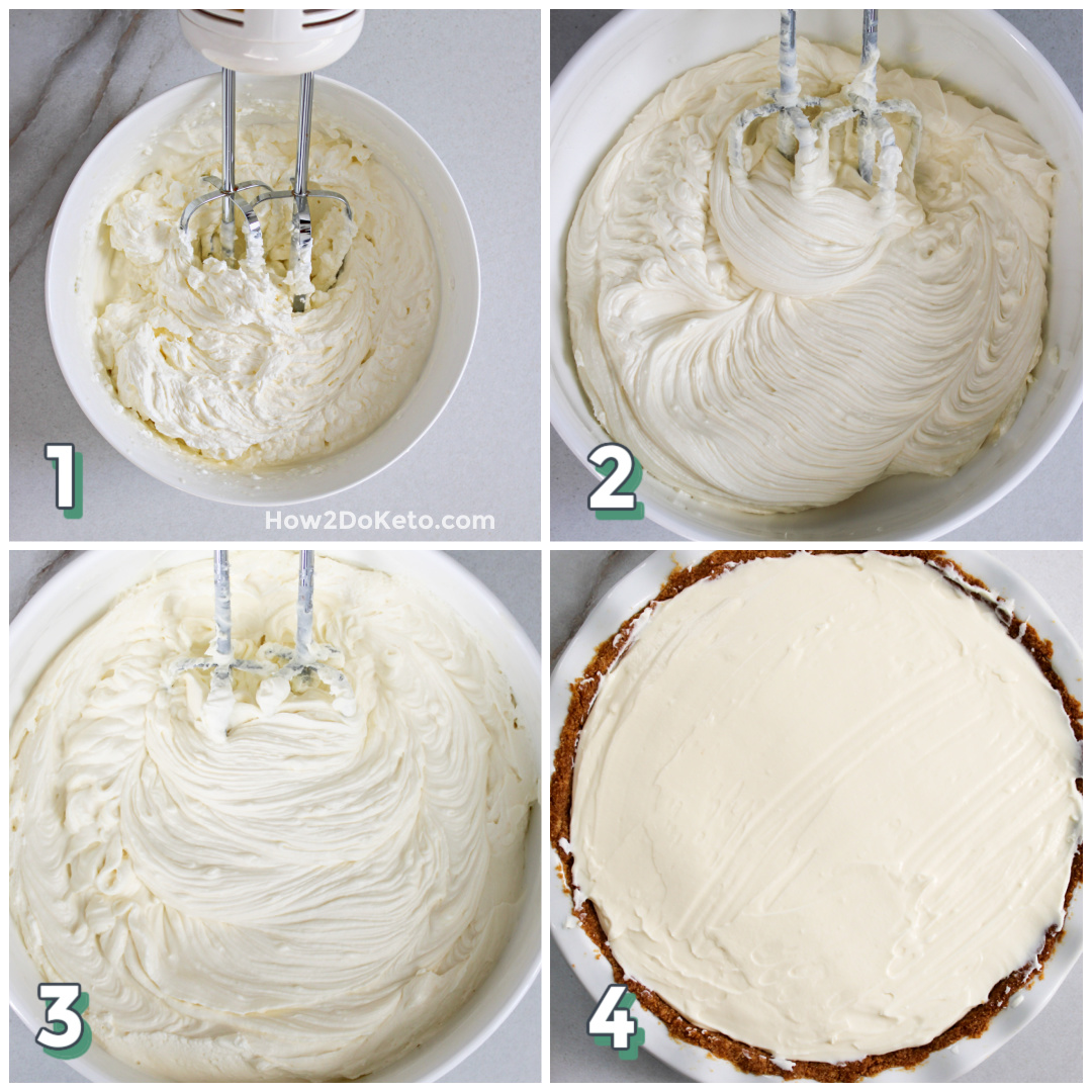 4 step photo collage showing how to make a low carb cheesecake.