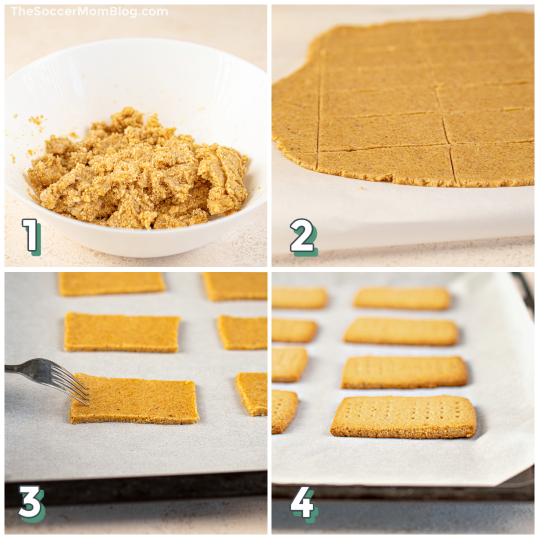 4-step photo collage showing how to make homemade low carb graham crackers.
